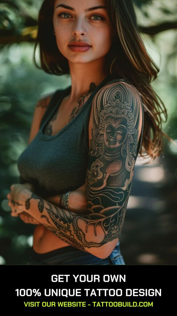 female buddha tattoo  in trash polka style