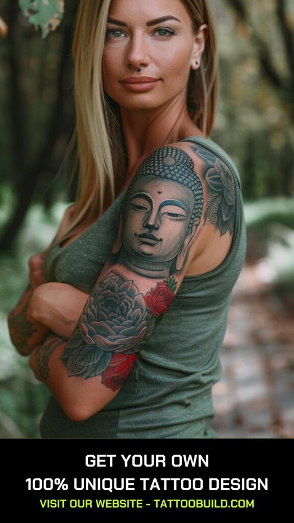 female buddha tattoo  in trash polka style