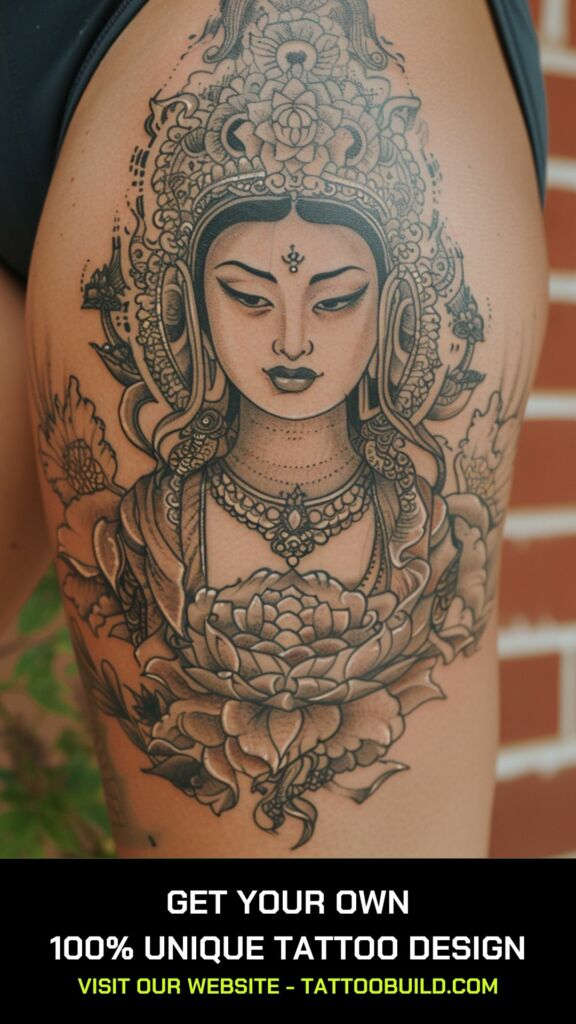 female buddha tattoo in gray wash style 