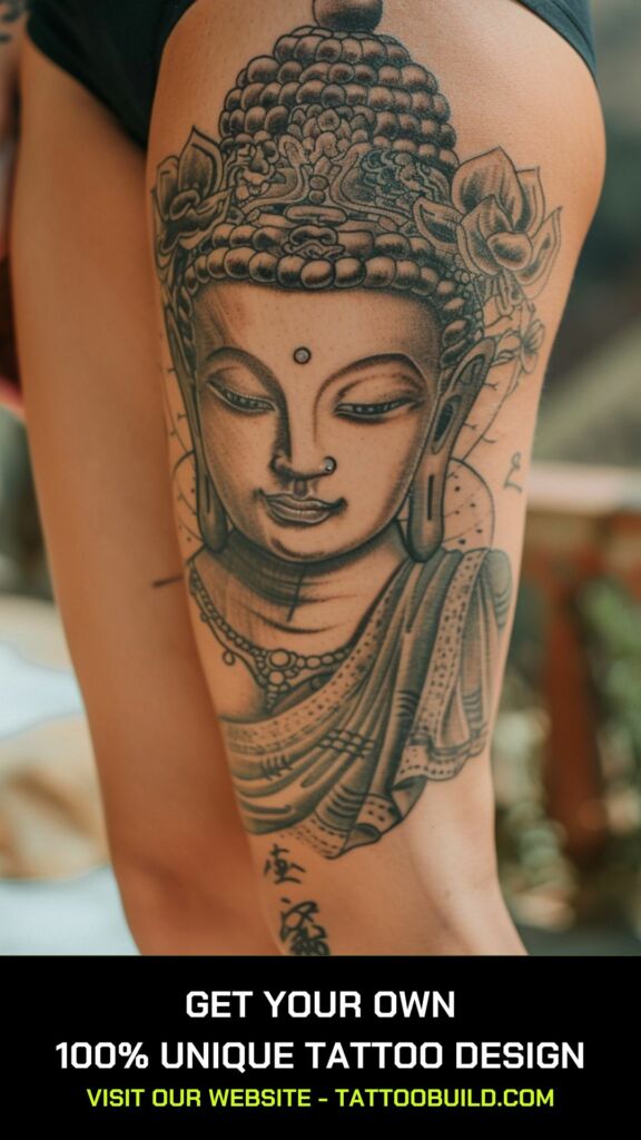 female buddha tattoo in gray wash style 