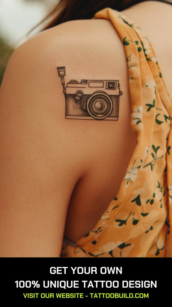 small beautiful tattoo idea for ladies: camera and paint brush