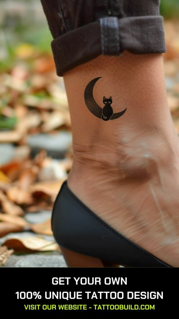 small beautiful tattoo idea for ladies: cat on a moon