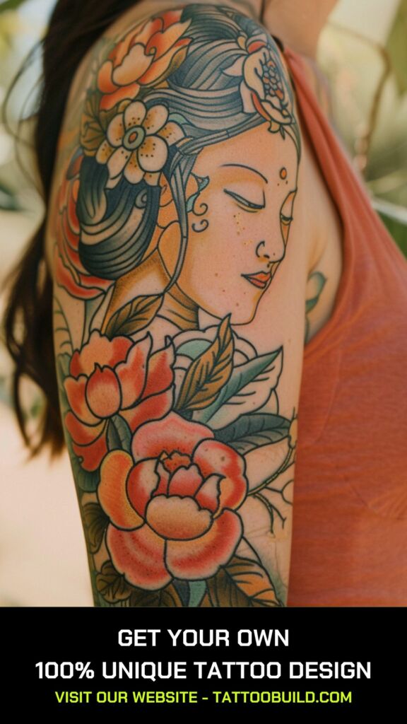 Buddha and Flower Arm Tattoo in Anime Style