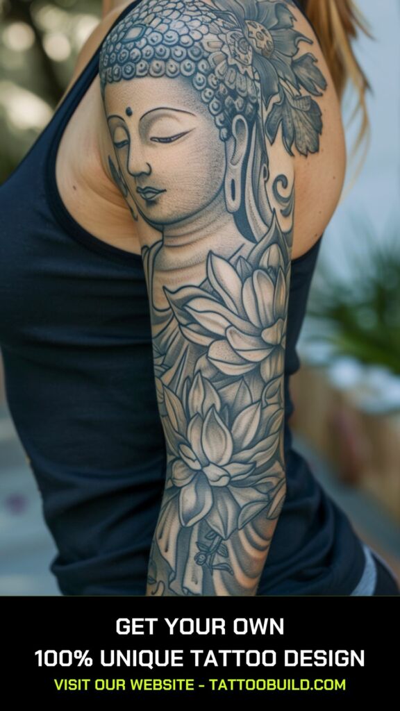 Buddha and Flower Arm Tattoo in Anime Style