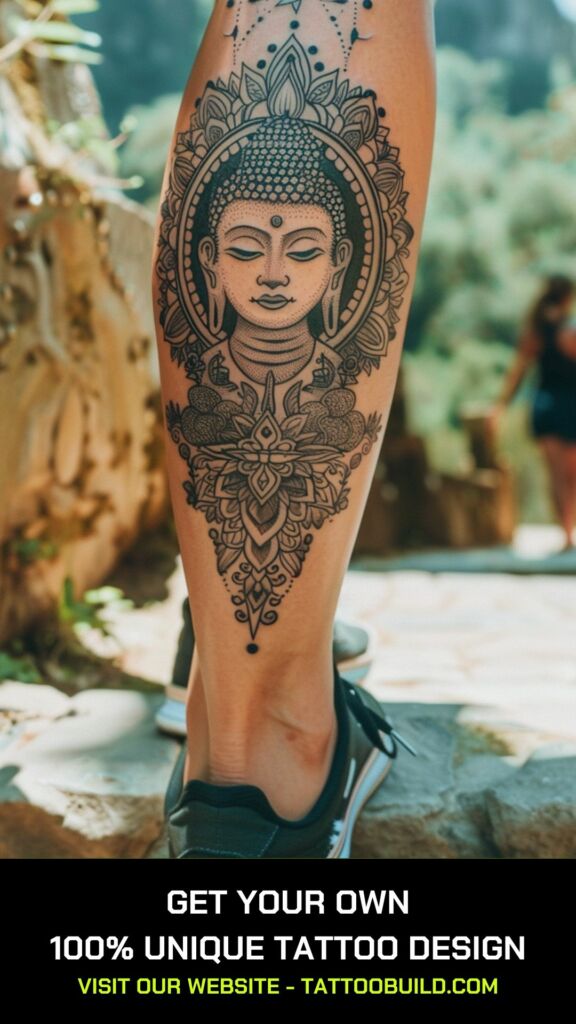dotwork style buddha leg tattoo for female