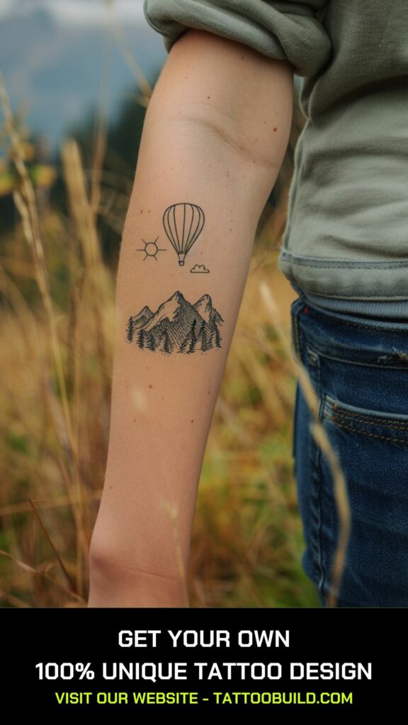 small beautiful tattoo: hot balloon and mountain