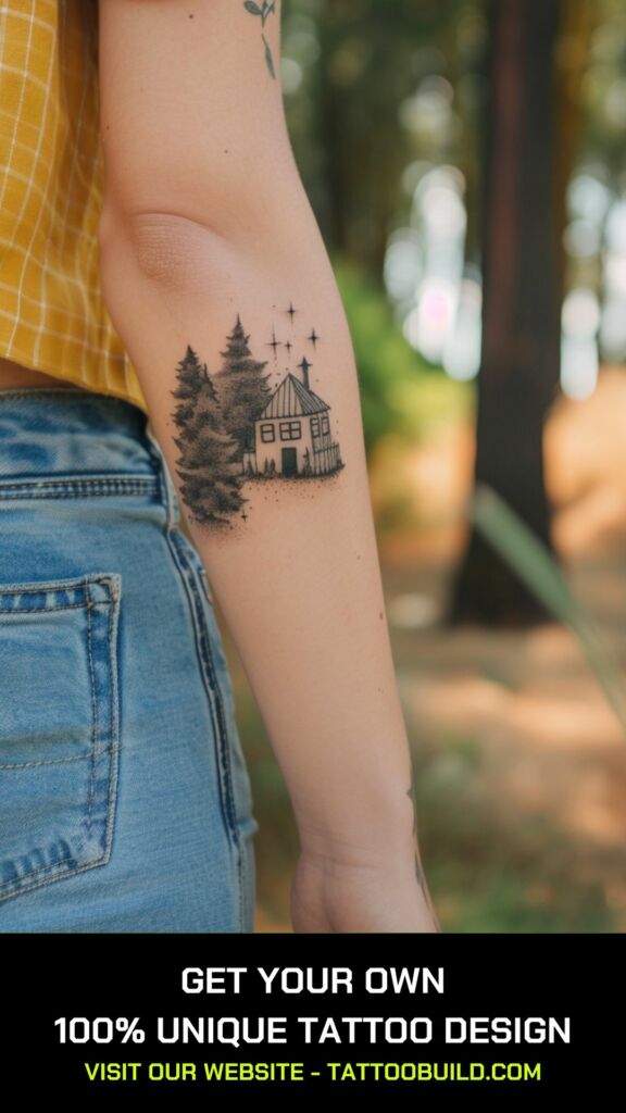 small beautiful tattoo idea for ladies: tree house tattoo