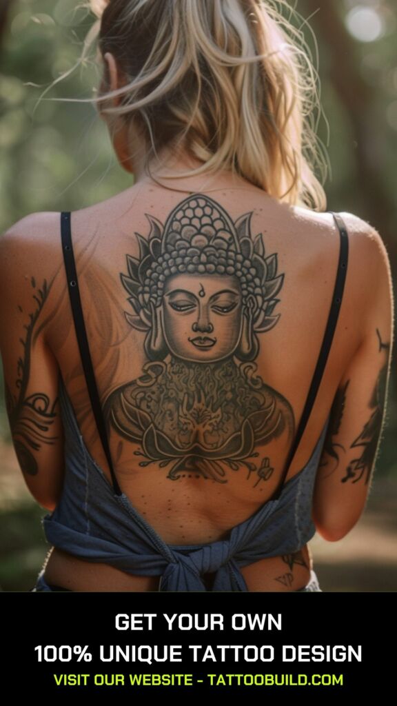 tribal tattoo style buddha back tattoo for women