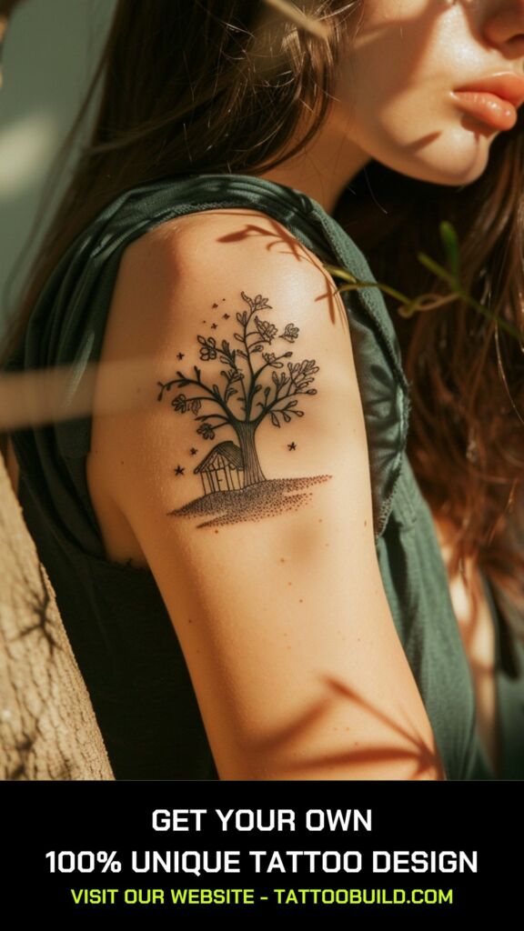 small beautiful tattoo idea for ladies: tree house tattoo