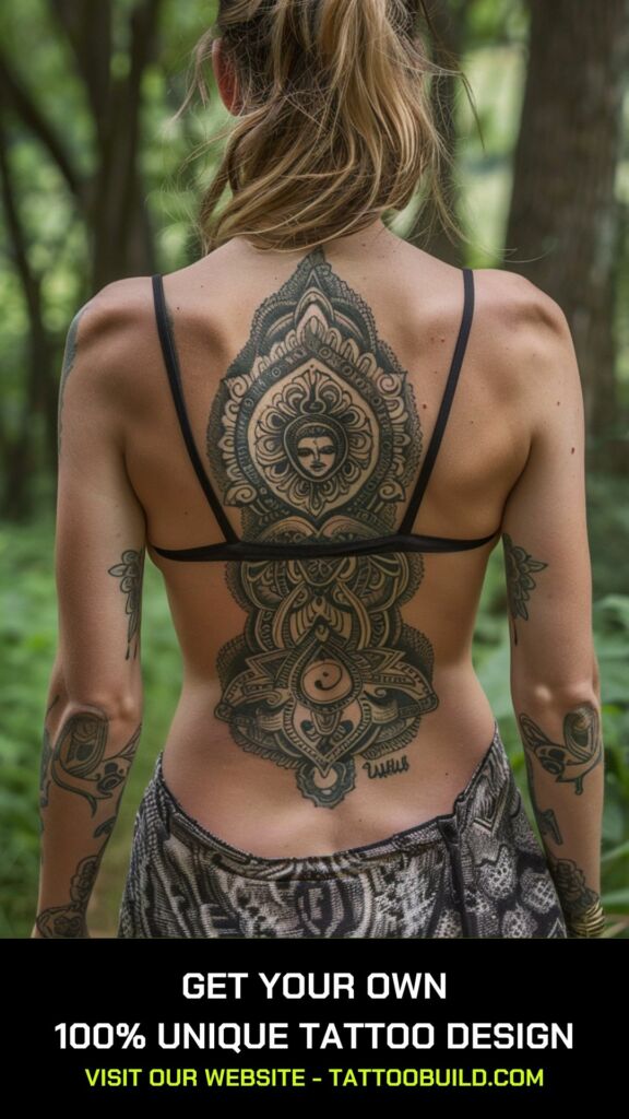 tribal tattoo style buddha back tattoo for women
