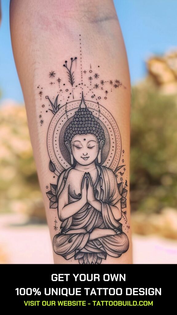 female buddha tattoo of a praying buddha