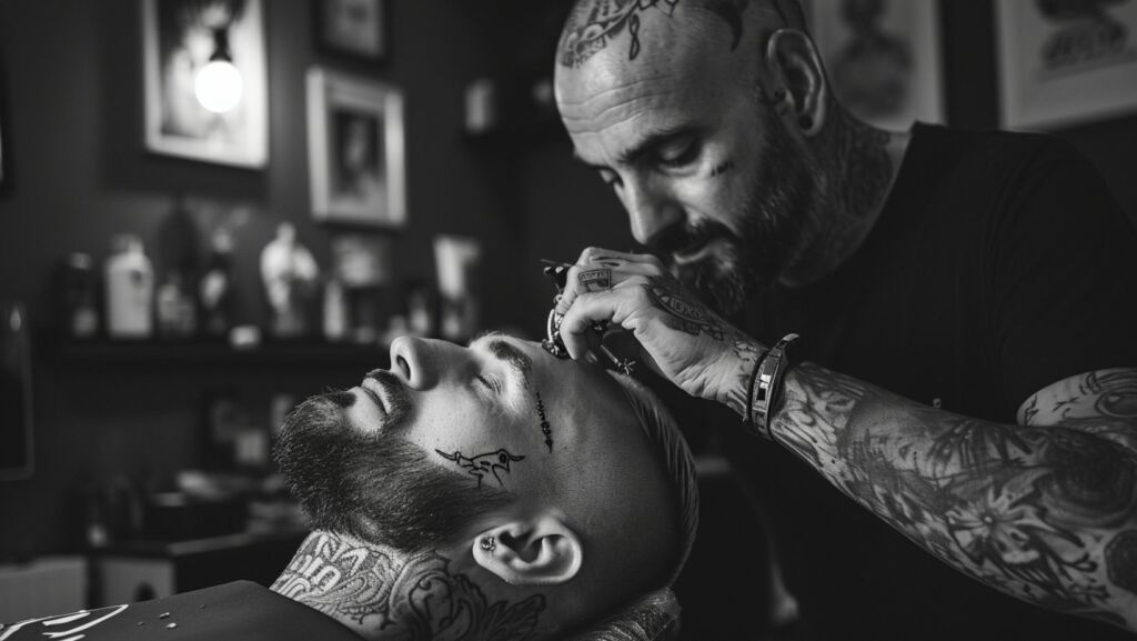 a tattoo artist working on a client