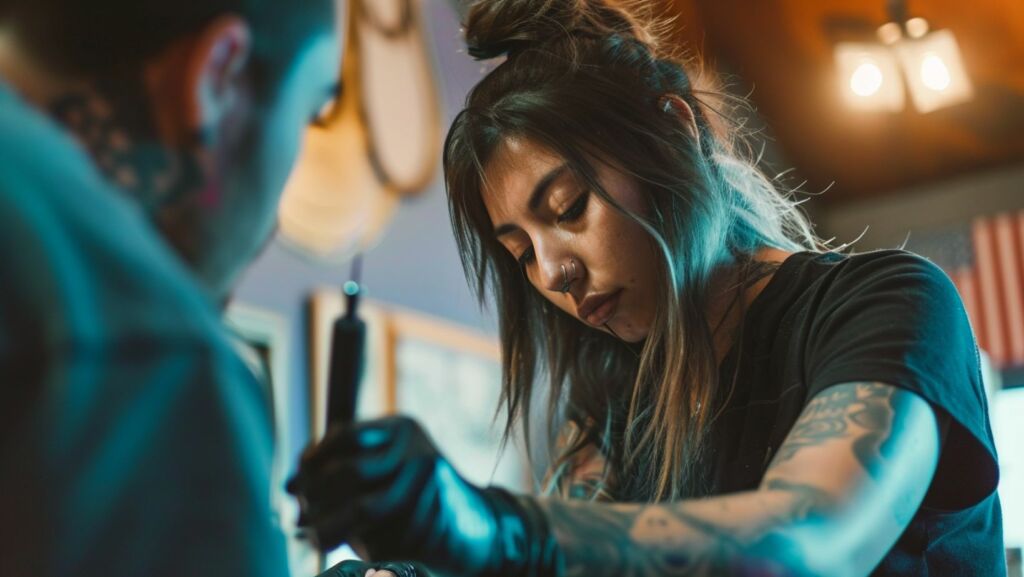 a  female tattoo artist touching up a client's tattoo