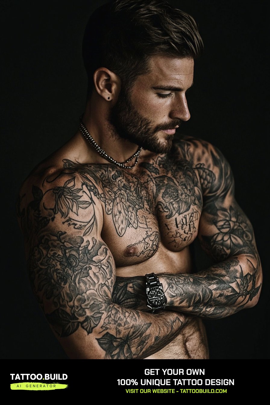 Wildlife full sleeve tattoo for men with a lion head centred on the outer bicep