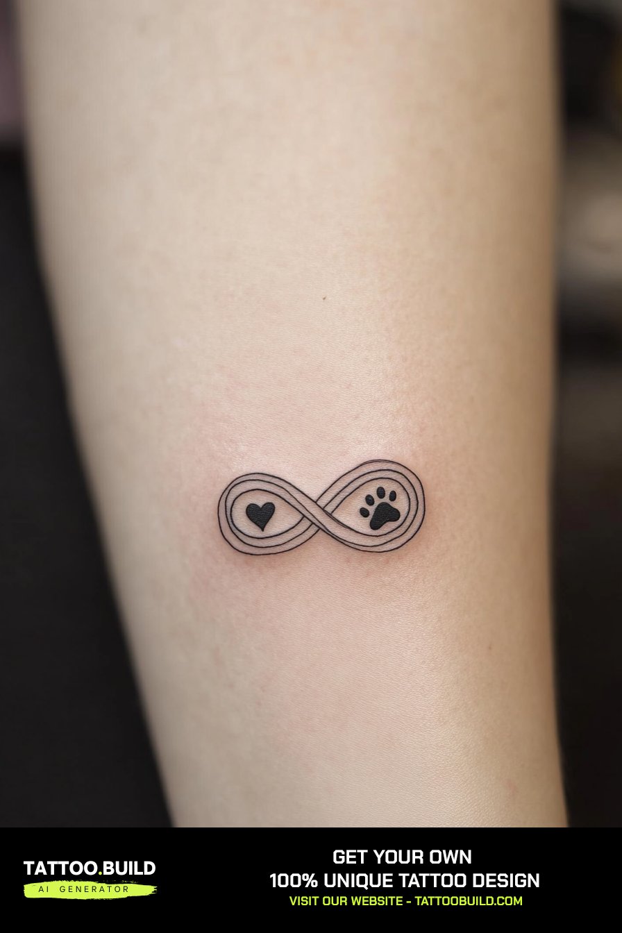 Infinity tattoo design with two paw prints on the forearm