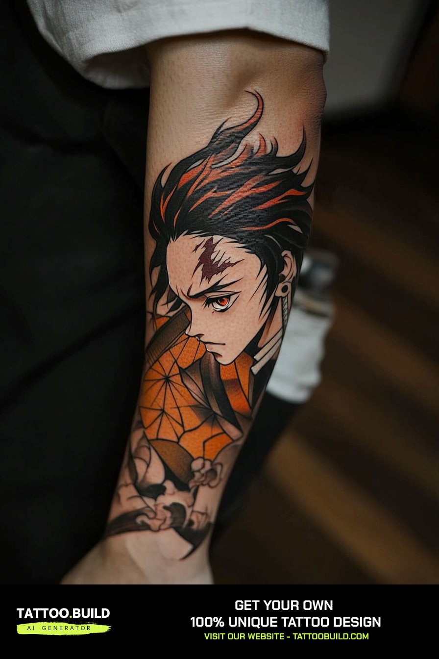 Demon Slayer tattoo of Inosuke with twin serrated katana crossed behind him