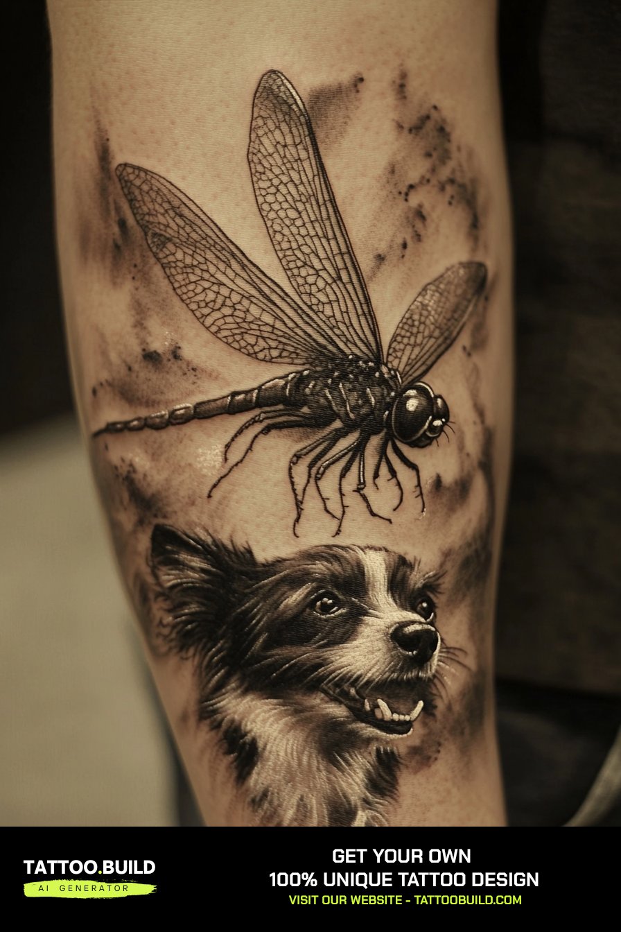 Japanese-style dragonfly tattoo with cherry blossoms