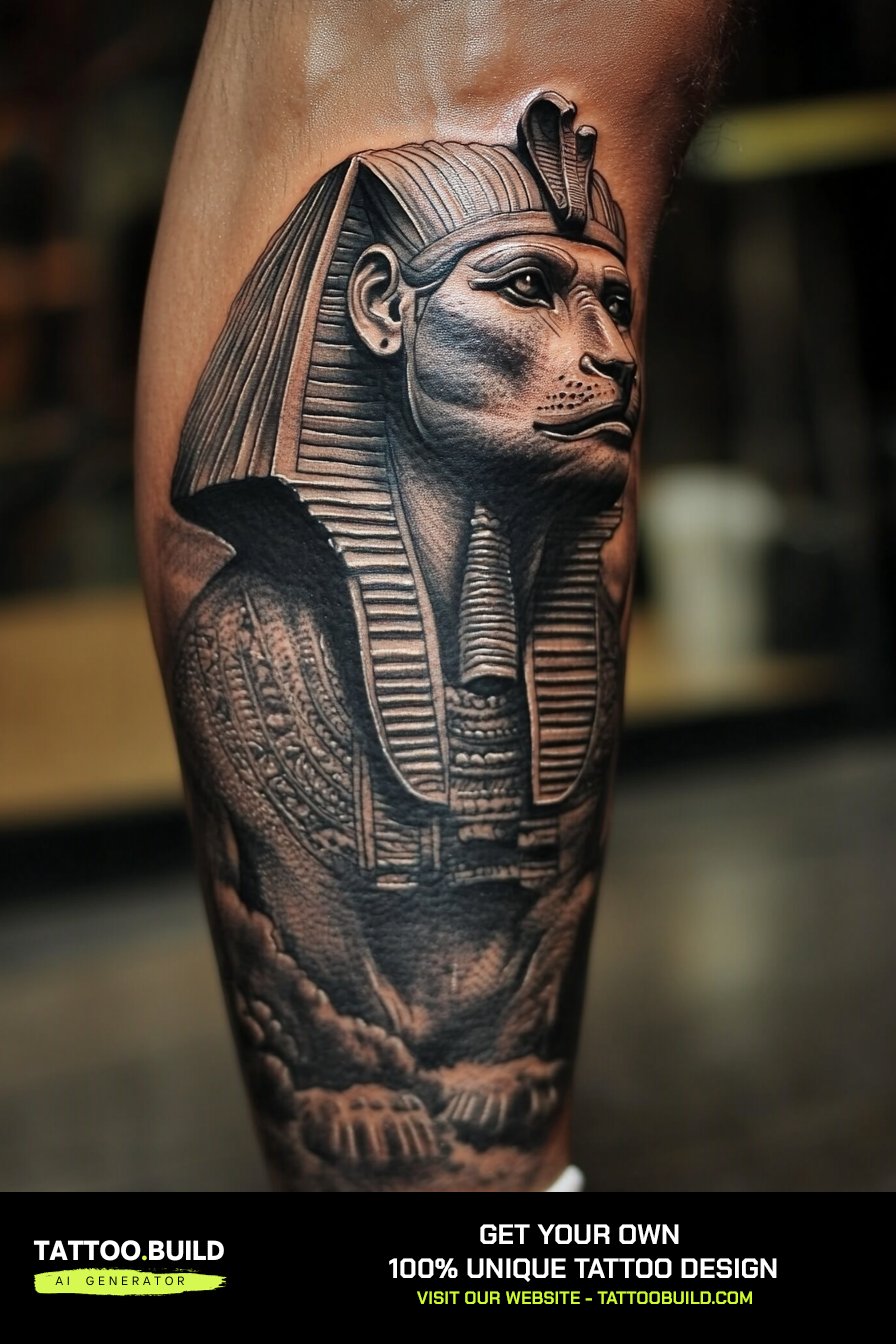 Realistic black and grey Sphinx Egyptian tattoo on a calf