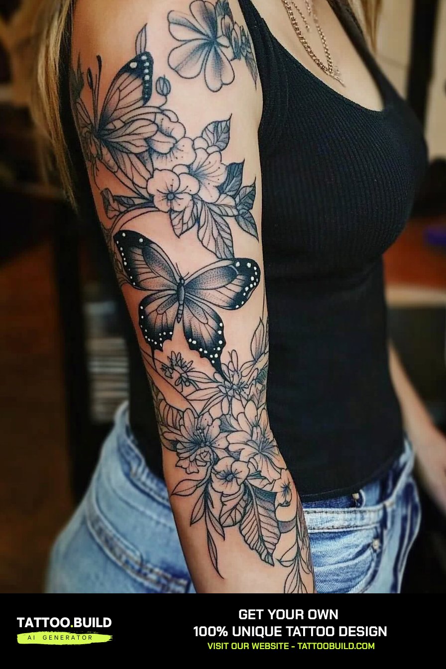 Ladies sleeve tattoo idea combining fine detail with open negative space
