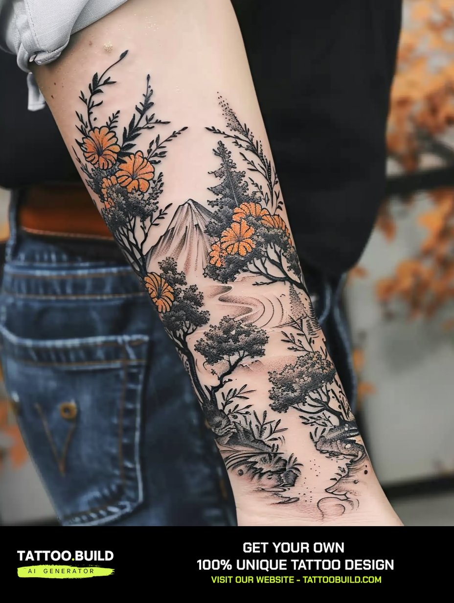 Autumn landscape half sleeve tattoo for women with orange wildflowers
