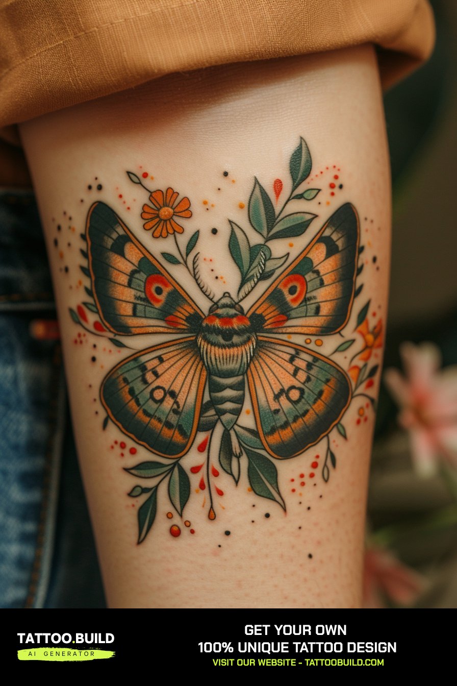 Moth tattoo on the calf with bold outlines for long-term legibility