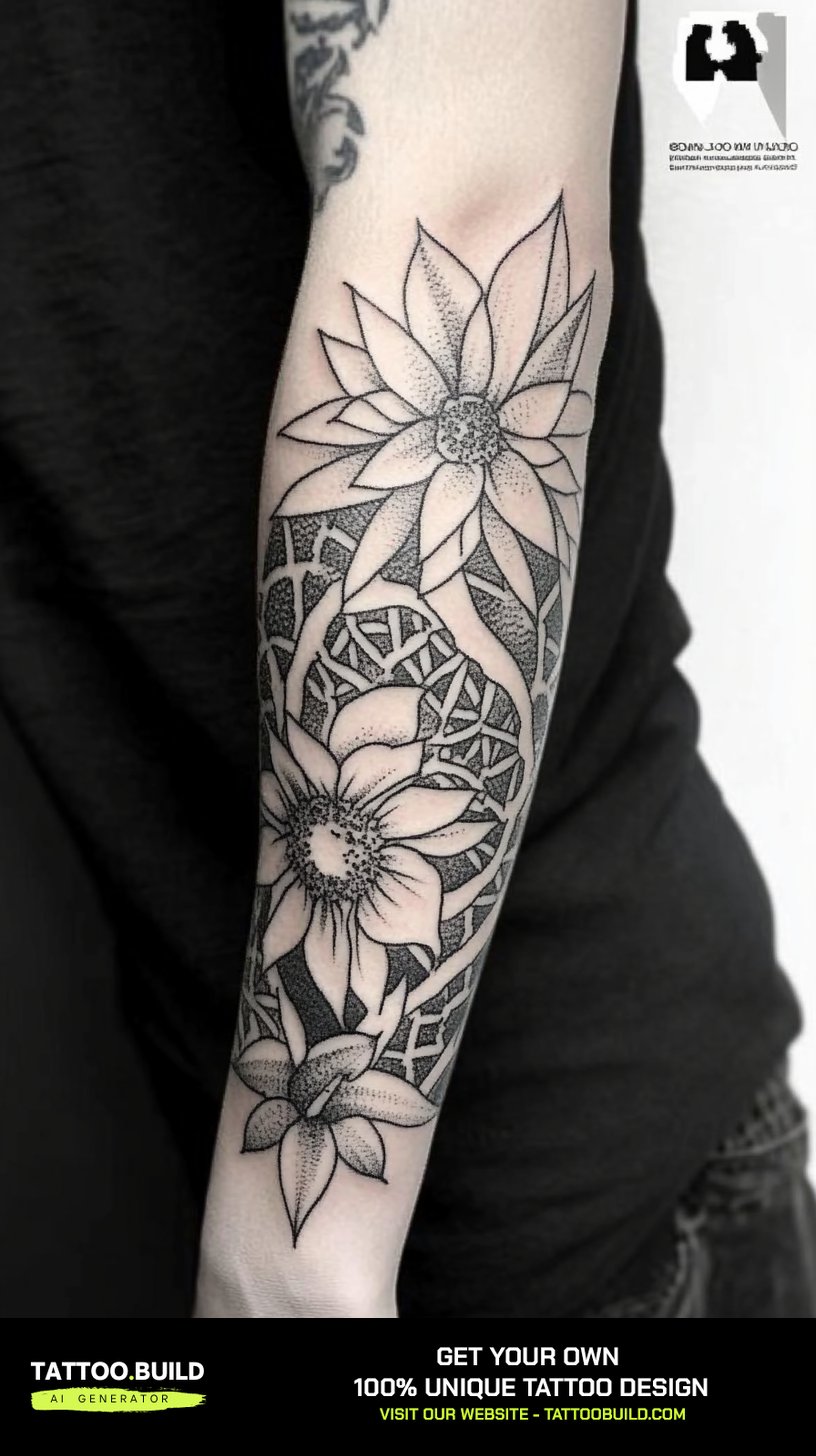 Cool guys flower tattoo design wrapping the forearm in black ink
