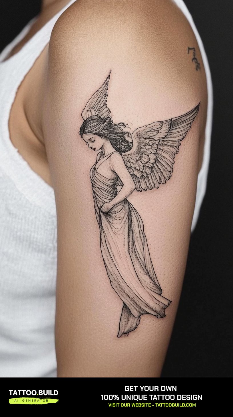 Angel tattoo for women combined with clouds and light rays in soft shading.