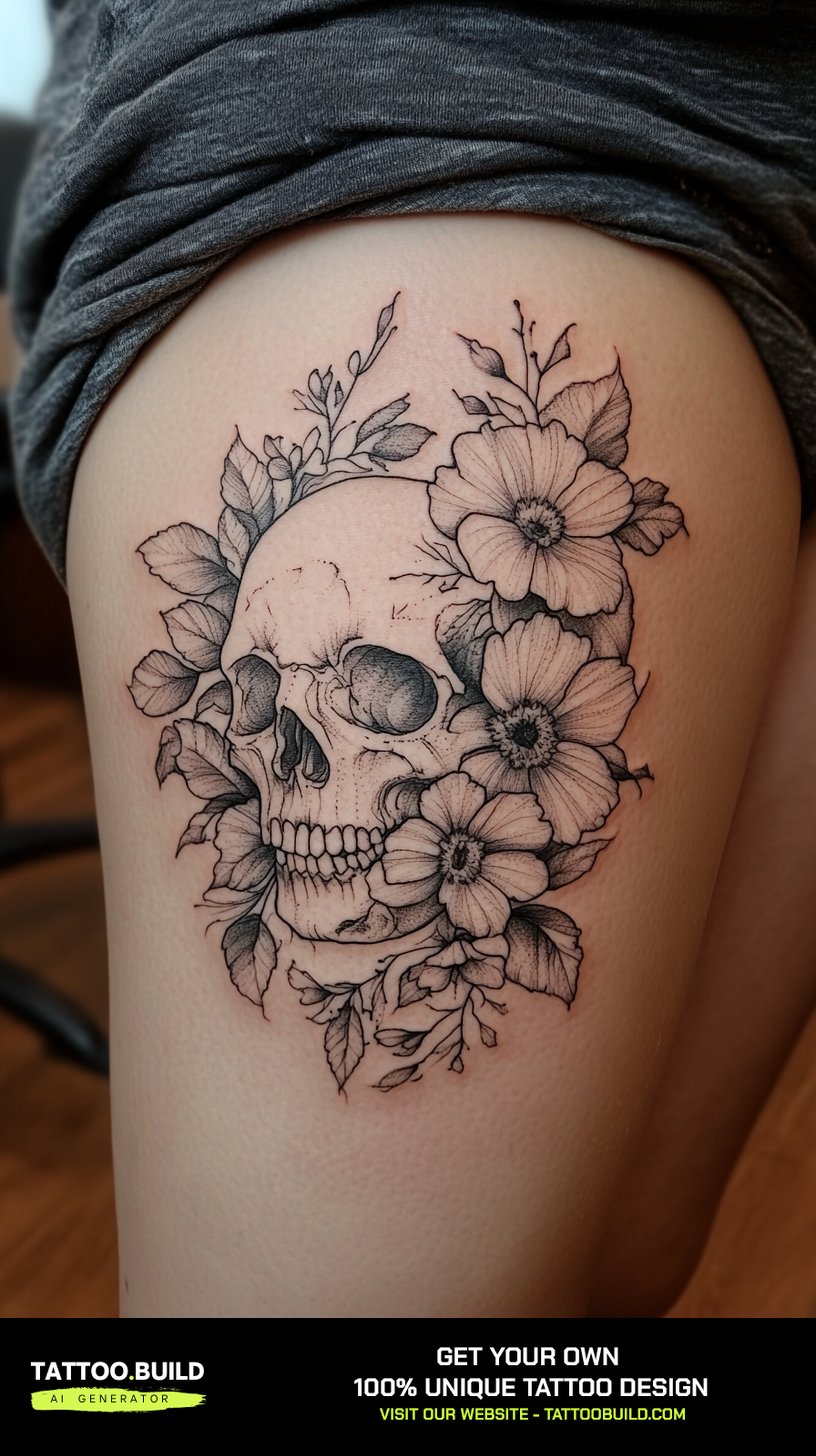 Large women's thigh tattoo covering the whole upper leg in a single composition