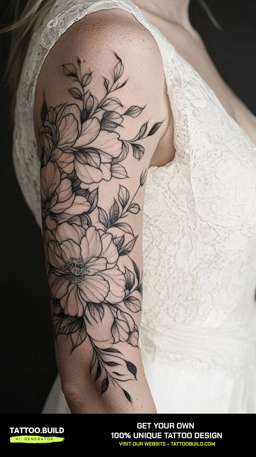 Fine line women sleeve tattoo with scattered flowers from shoulder to wrist