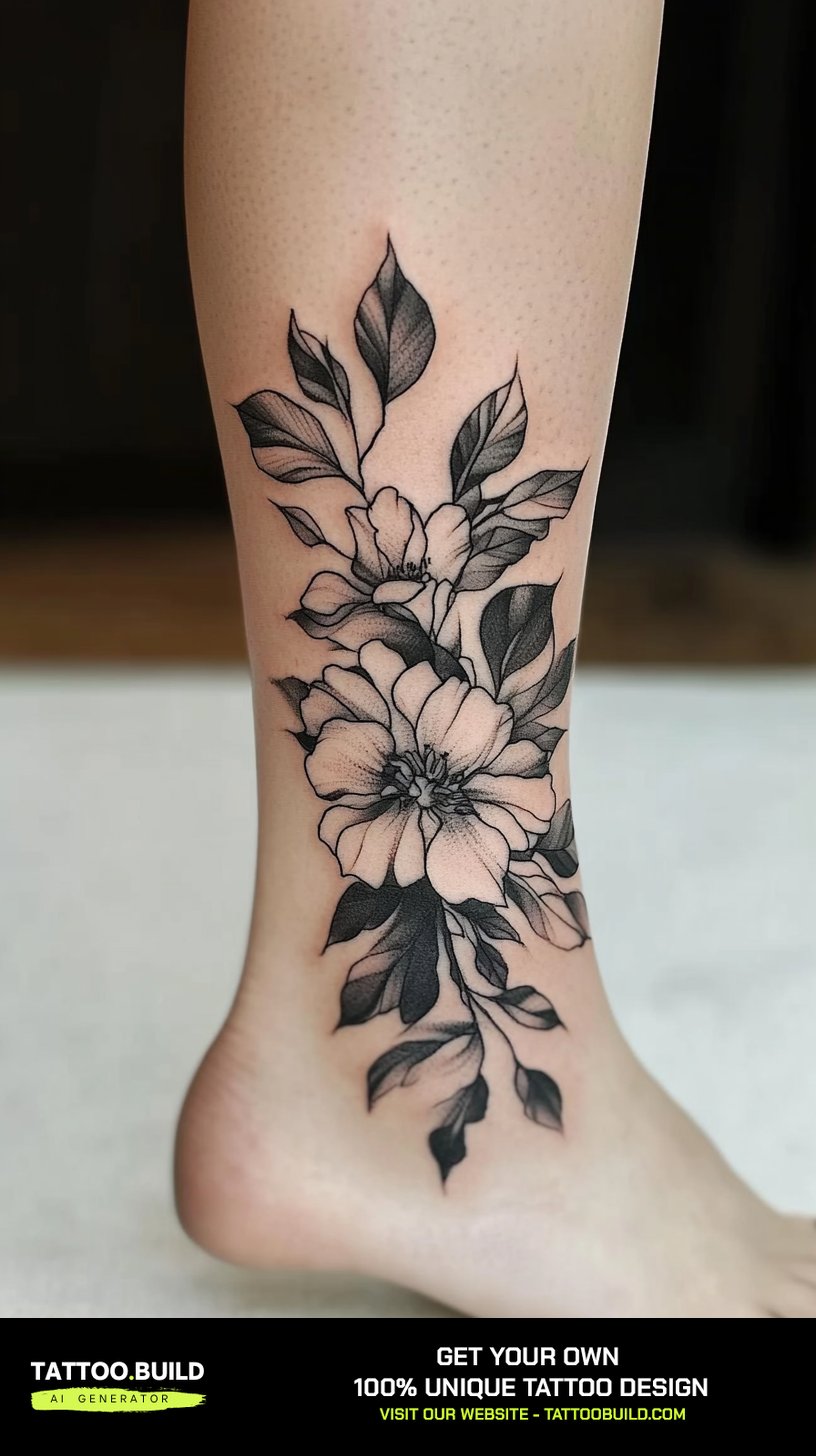 Birth month flower ankle tattoo with two blooms on a shared stem