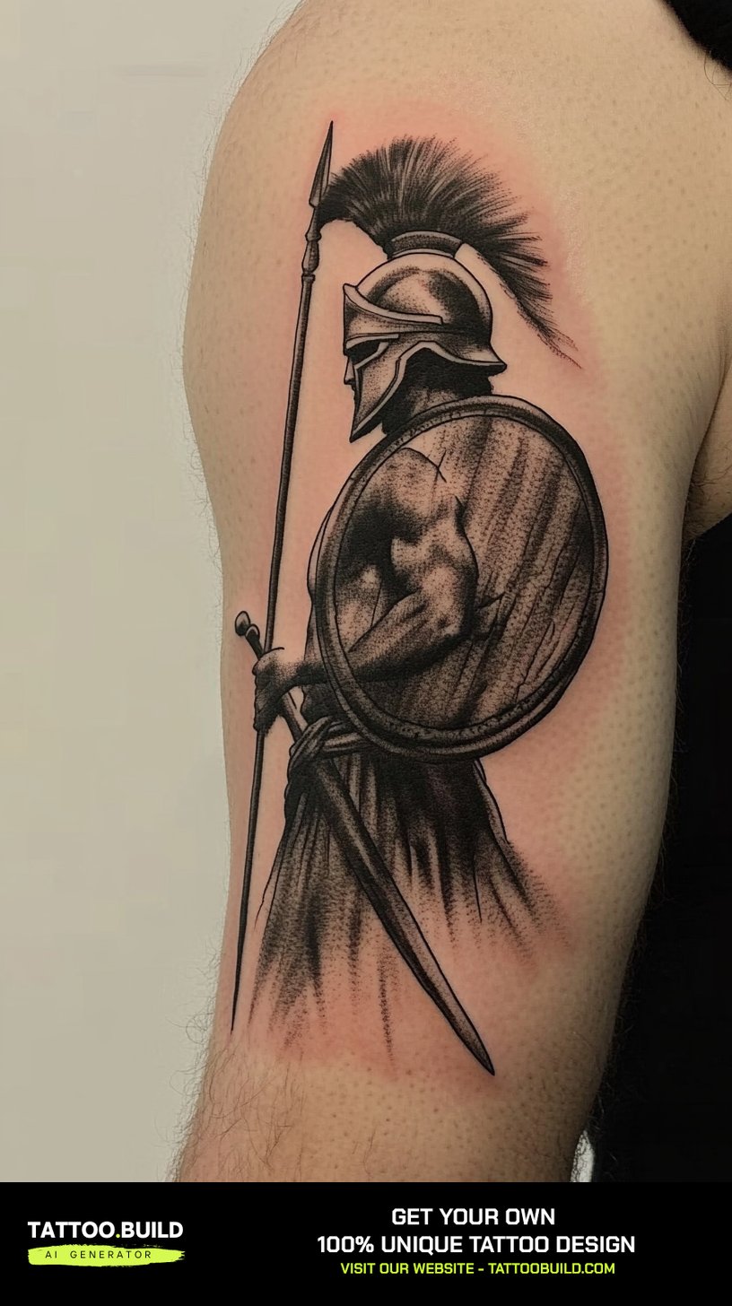 Spartan helmet, shield and spear tattoo idea for men on the upper arm in black and grey.