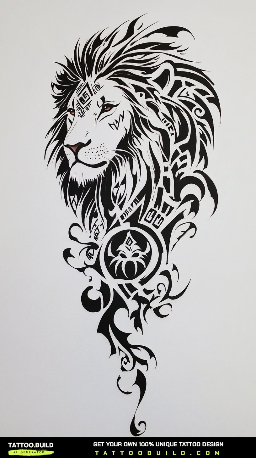Tribal lion men's sleeve tattoo drawing with bold black shapes across the shoulder
