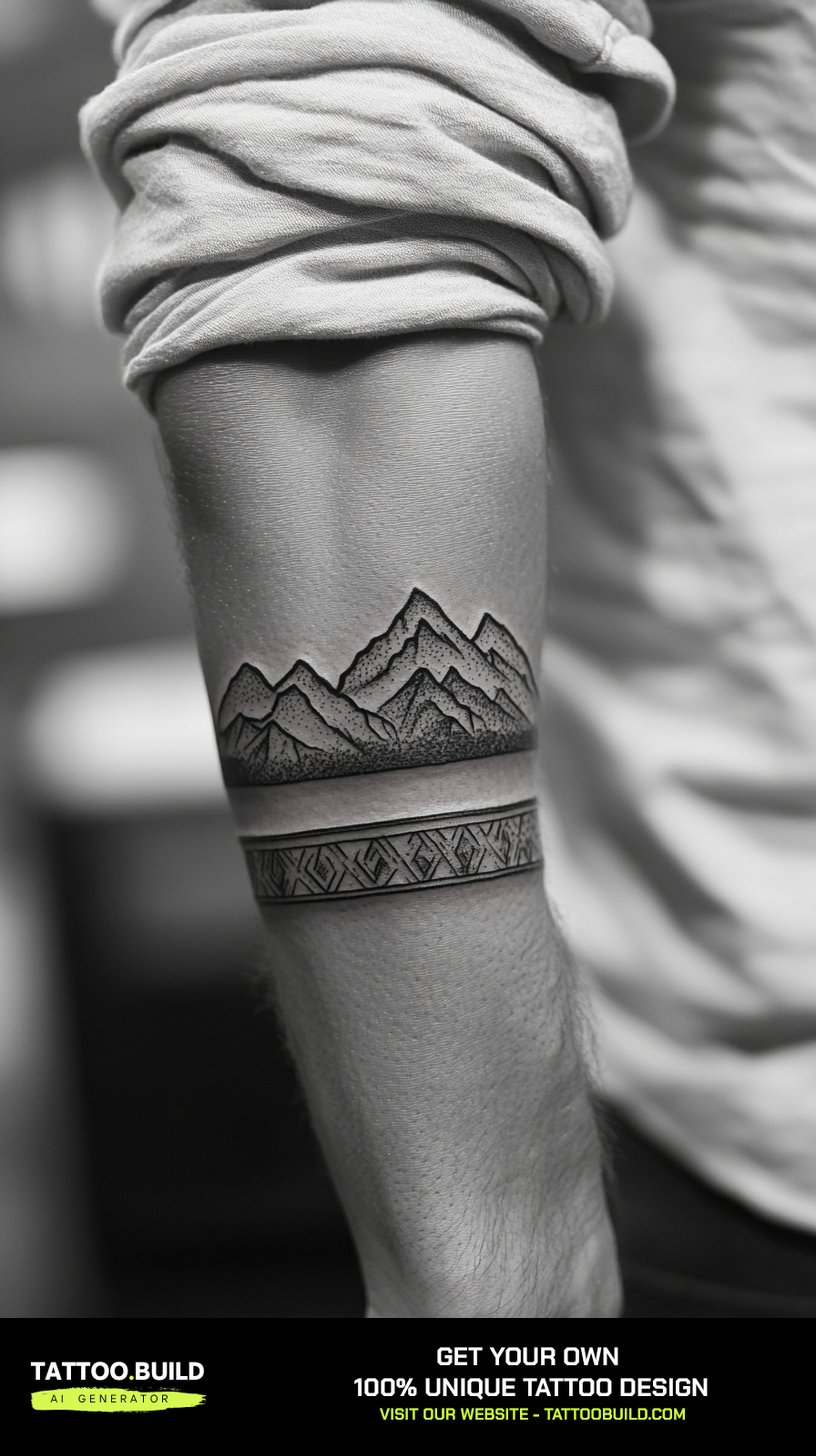 Mountain range armband nature tattoo for men wrapping the forearm with a patterned border