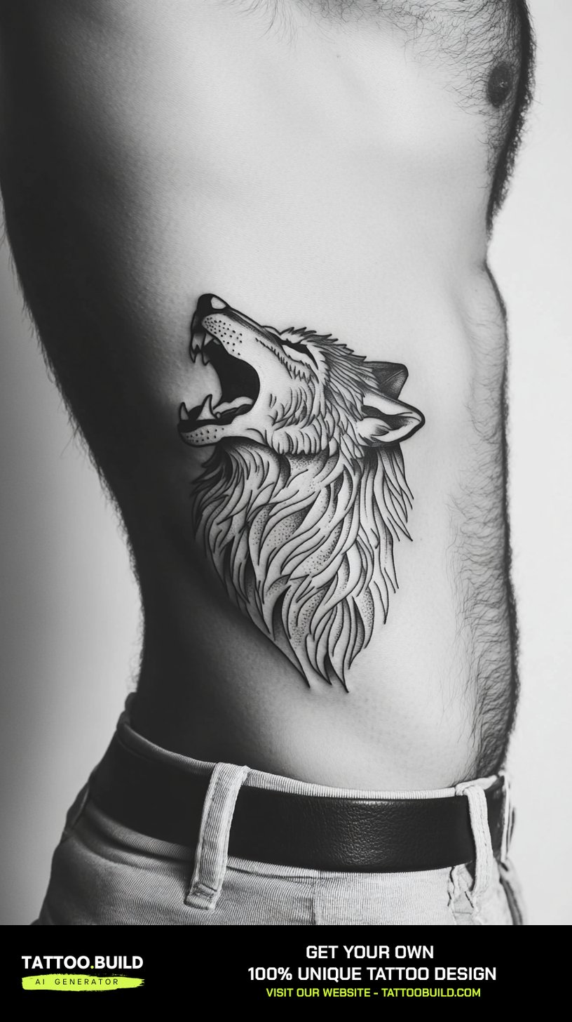 Rib tattoo for guys covering the full ribcage in a detailed black and grey design