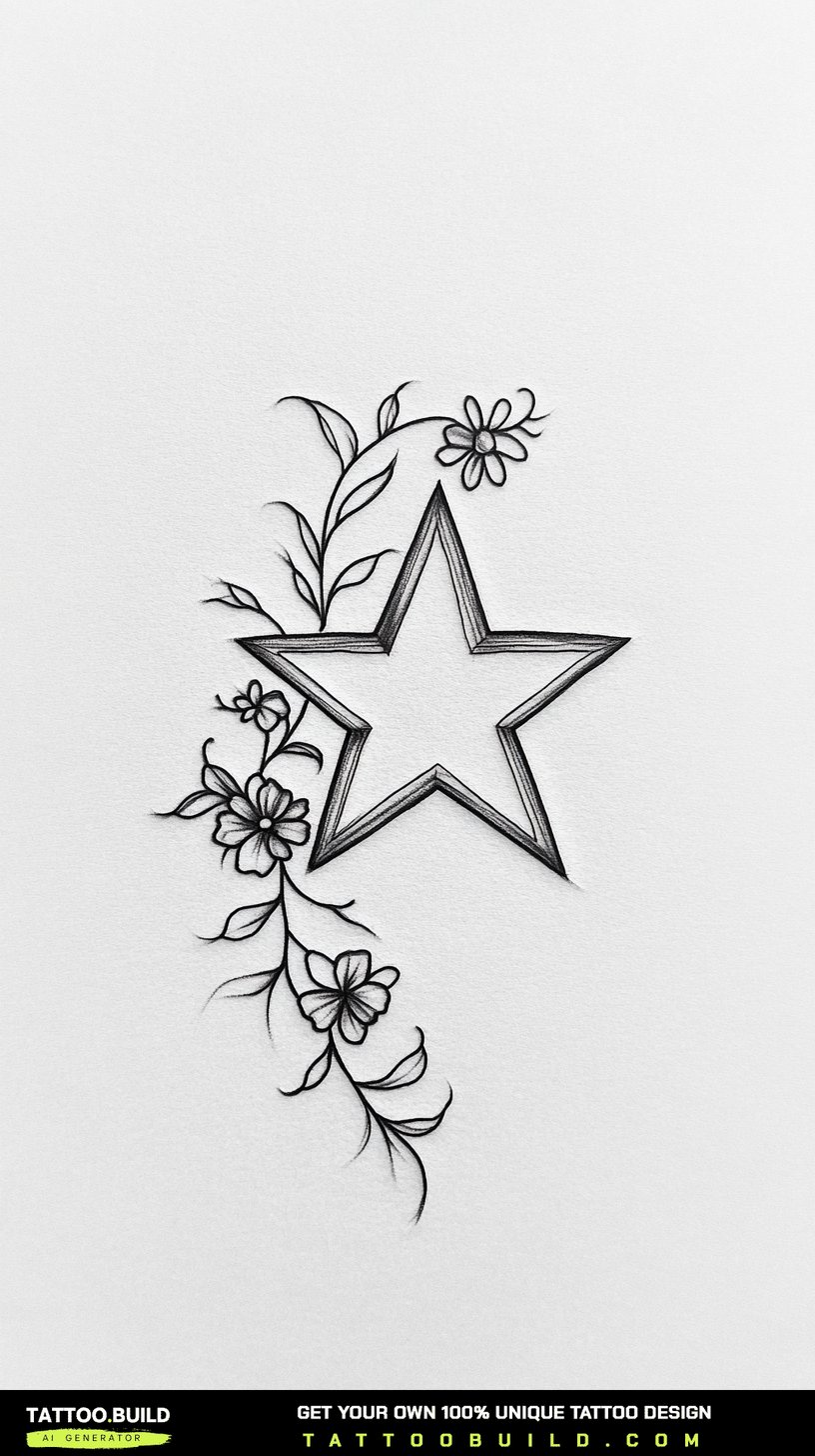 Minimal floral star tattoo drawing with delicate vine detailing