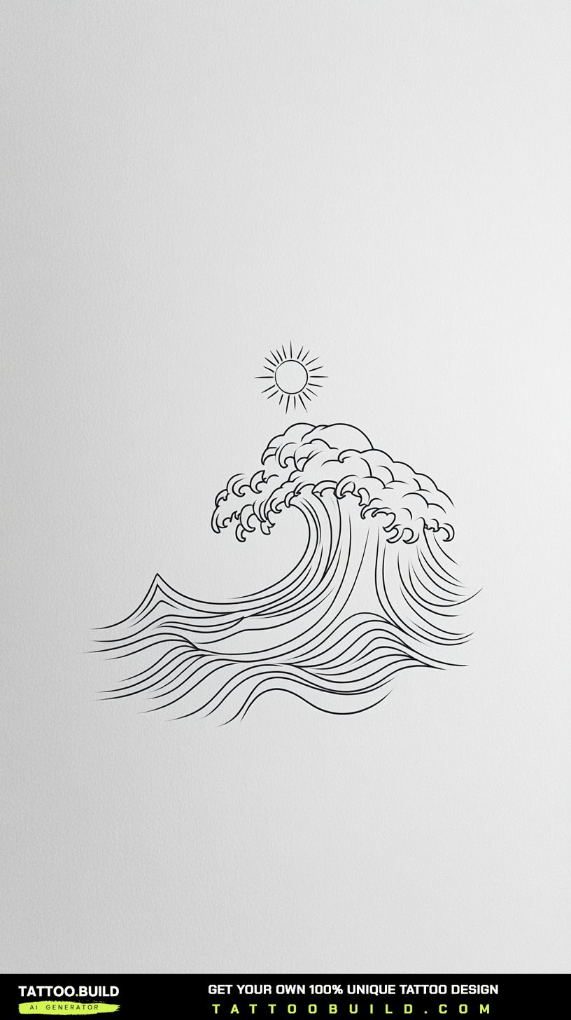 Curling ocean wave tattoo drawing in black linework on paper