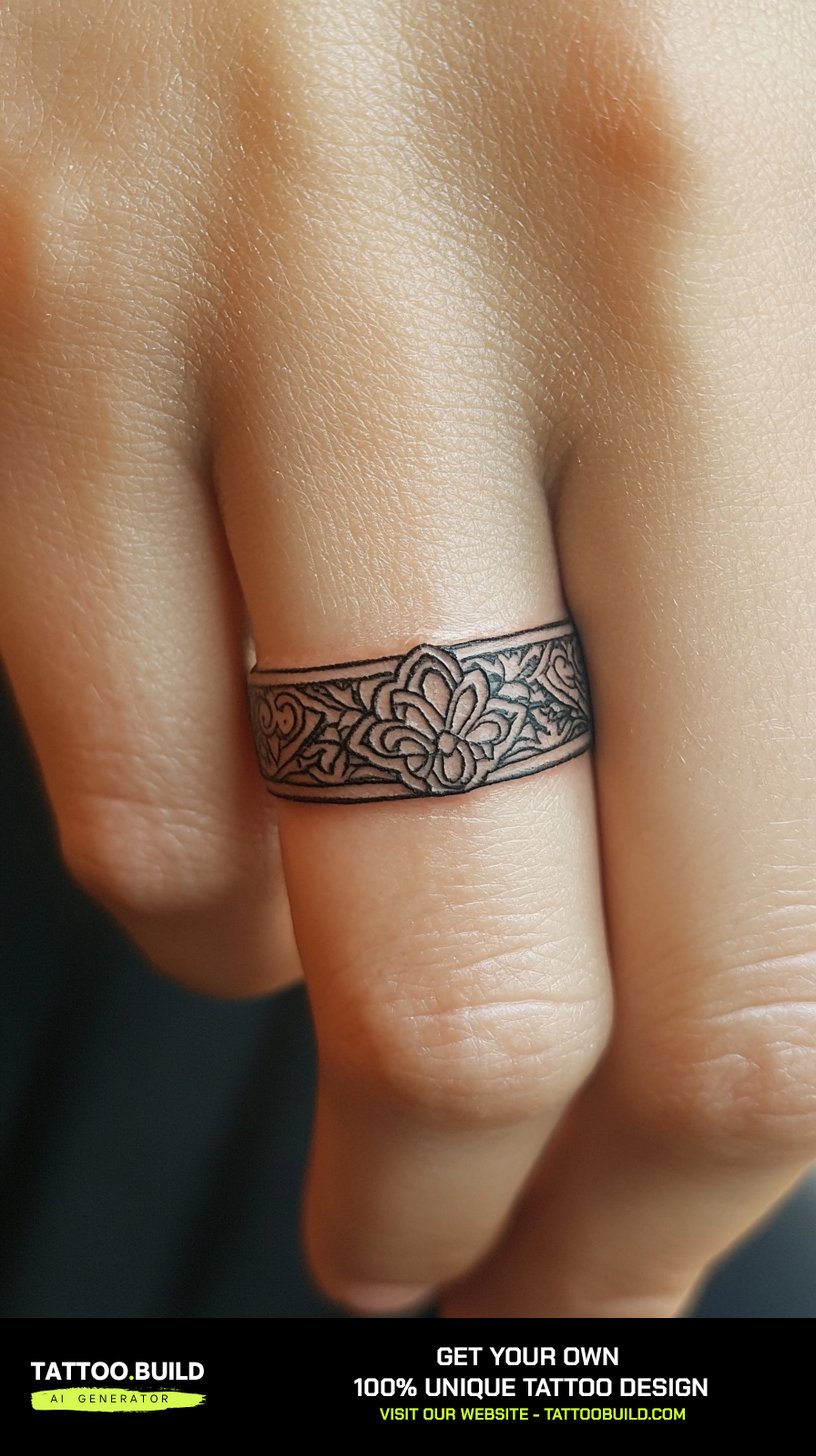 Matching wedding ring tattoos on a couple's hands side by side