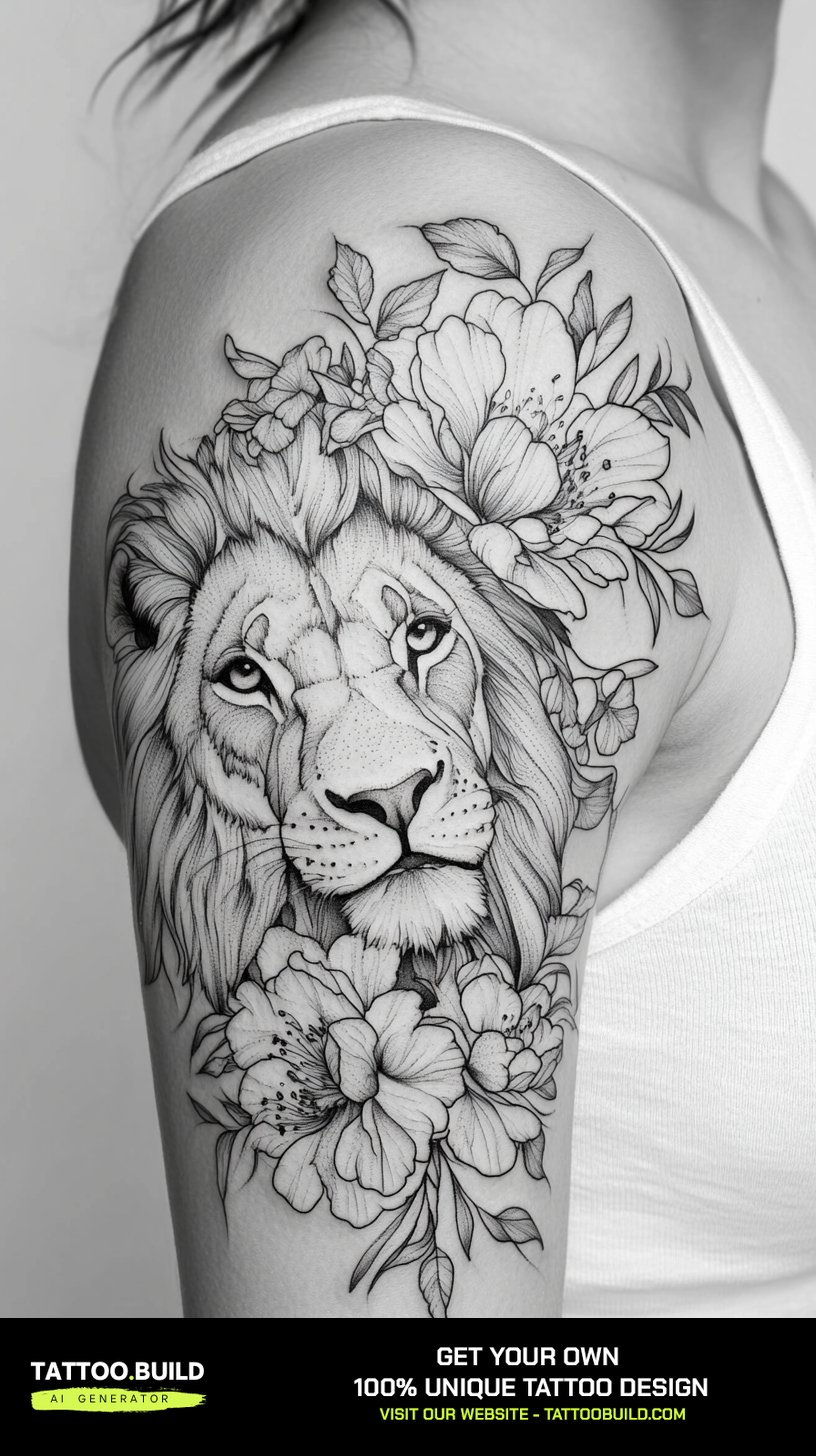 Large fine line lion and flower tattoo across the shoulder