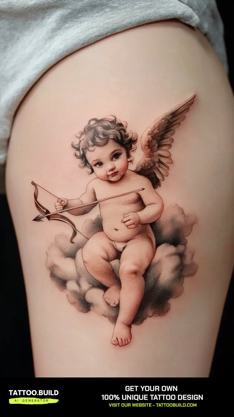 Cherub angel tattoo for women with small wings and soft black and grey shading.