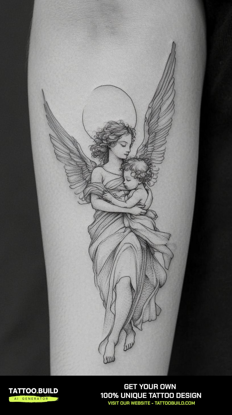 Angel tattoo for women with a floral halo and soft grey shading.