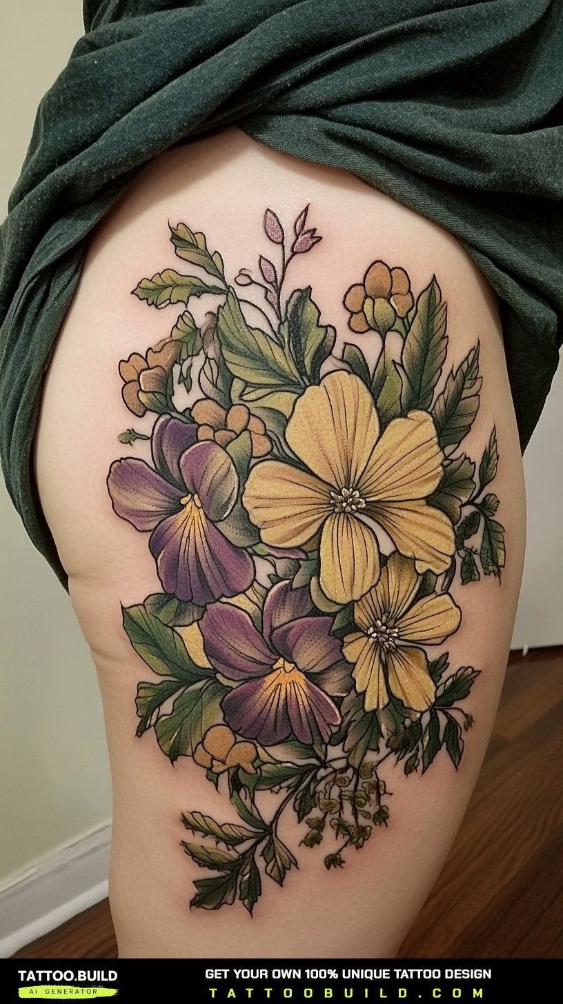 Bold colorful floral hip tattoo for women in saturated tones