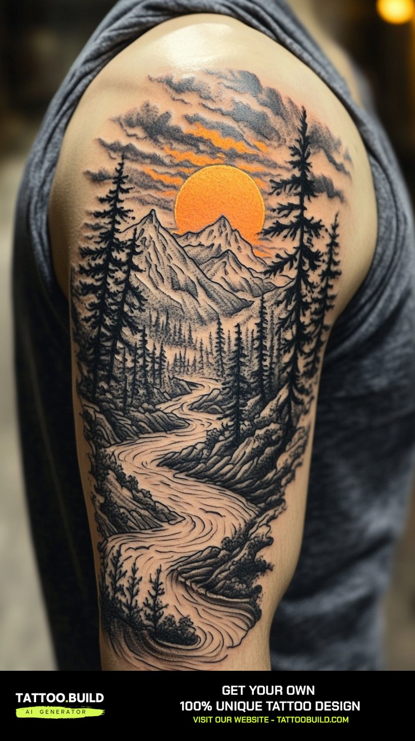 Colour forest and mountain half sleeve tattoo for men with an orange sun on the shoulder