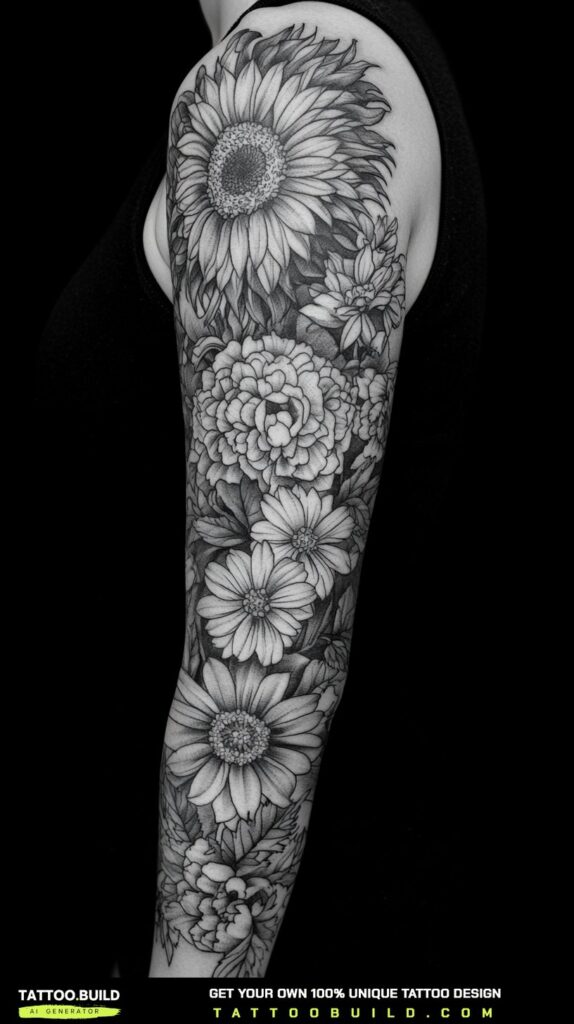 Gothic sleeve tattoo for women using bold black shapes and negative space