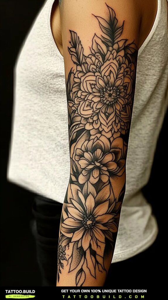 Nature sleeve tattoo for women blending trees, water and sky into one scene
