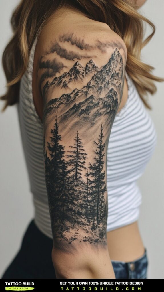 Coolest sleeve tattoo for women covering the full arm in flowing black and grey artwork