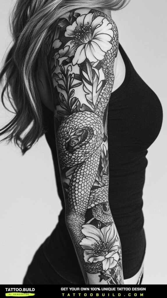 Sleeve tattoo for women extending onto the forearm with an open border