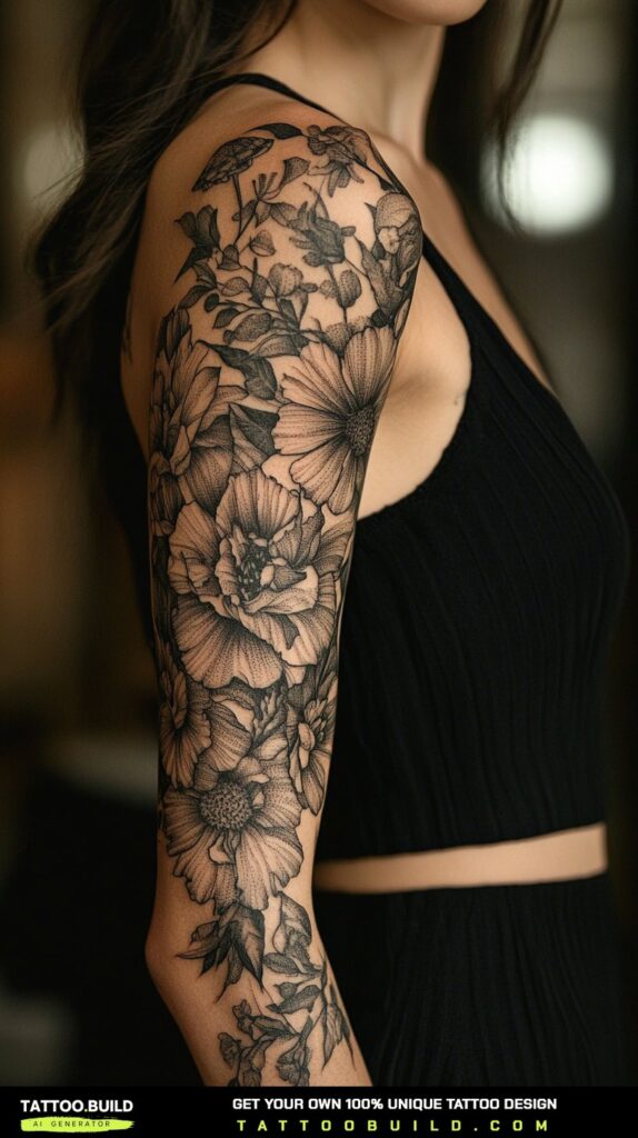 Half sleeve tattoo for women finishing cleanly above the elbow