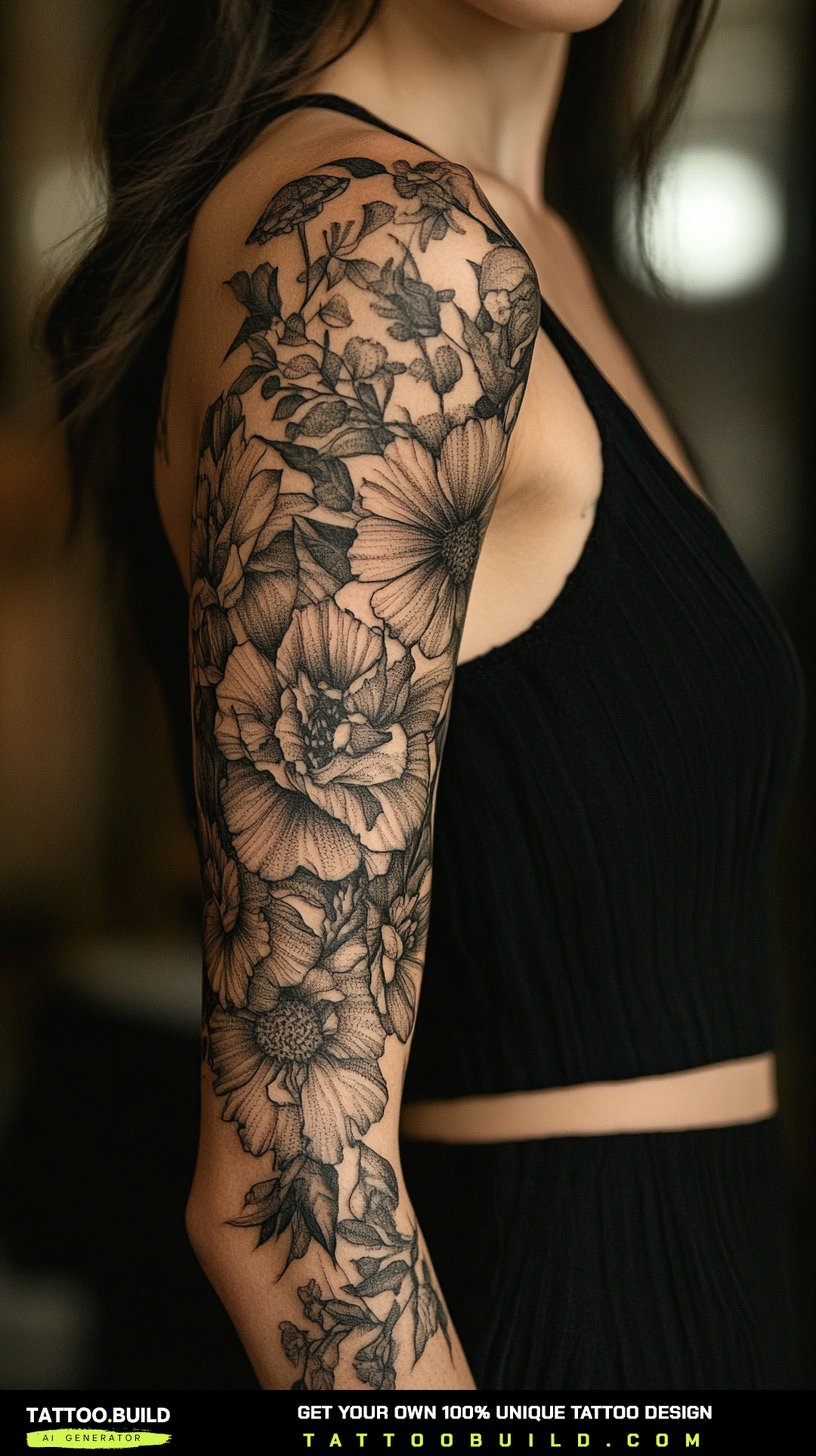Half sleeve tattoo for women finishing cleanly above the elbow