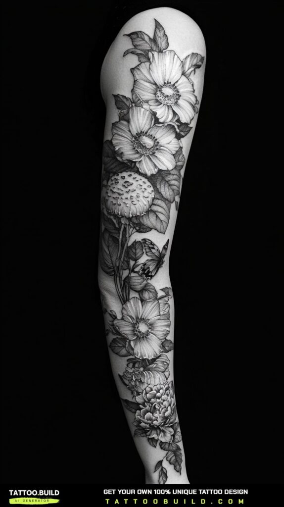 Colourful sleeve tattoo for women mixing warm and cool tones down the arm