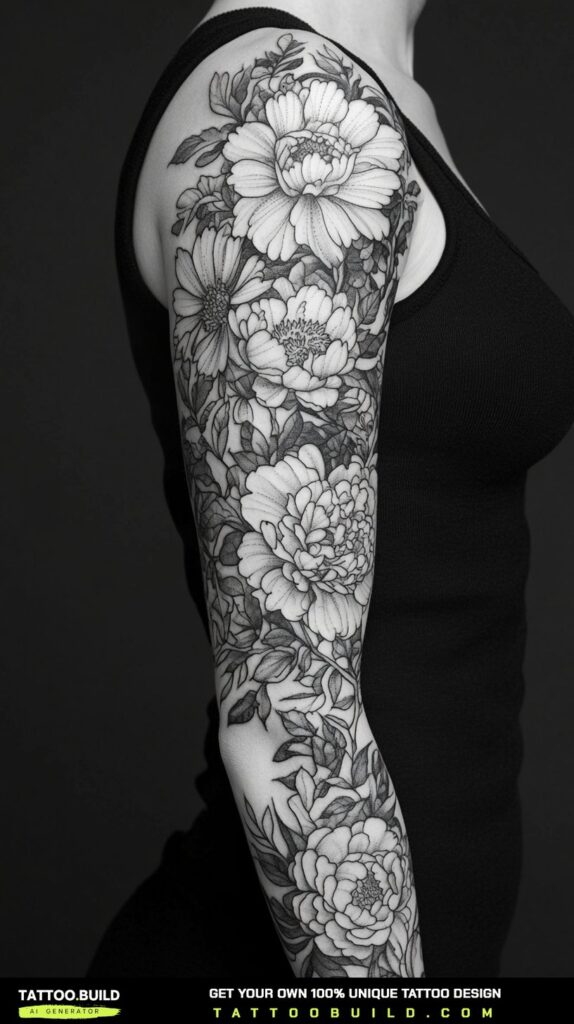 Watercolour style sleeve tattoo for women with soft washed edges